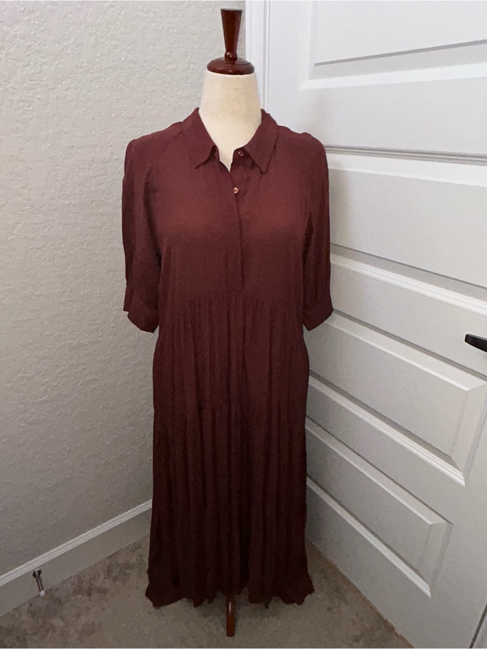 a loves a 1/4 Button Front Elbow Length Sleeve Ruffle Tier Boho Maxi Dress